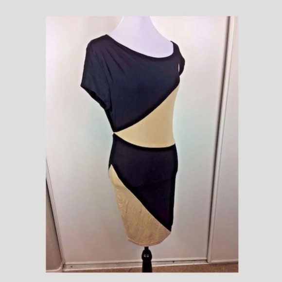 Bebe Black and Beige Tan ZigZag ColorBlock Dress M - Picture 6 of 6
